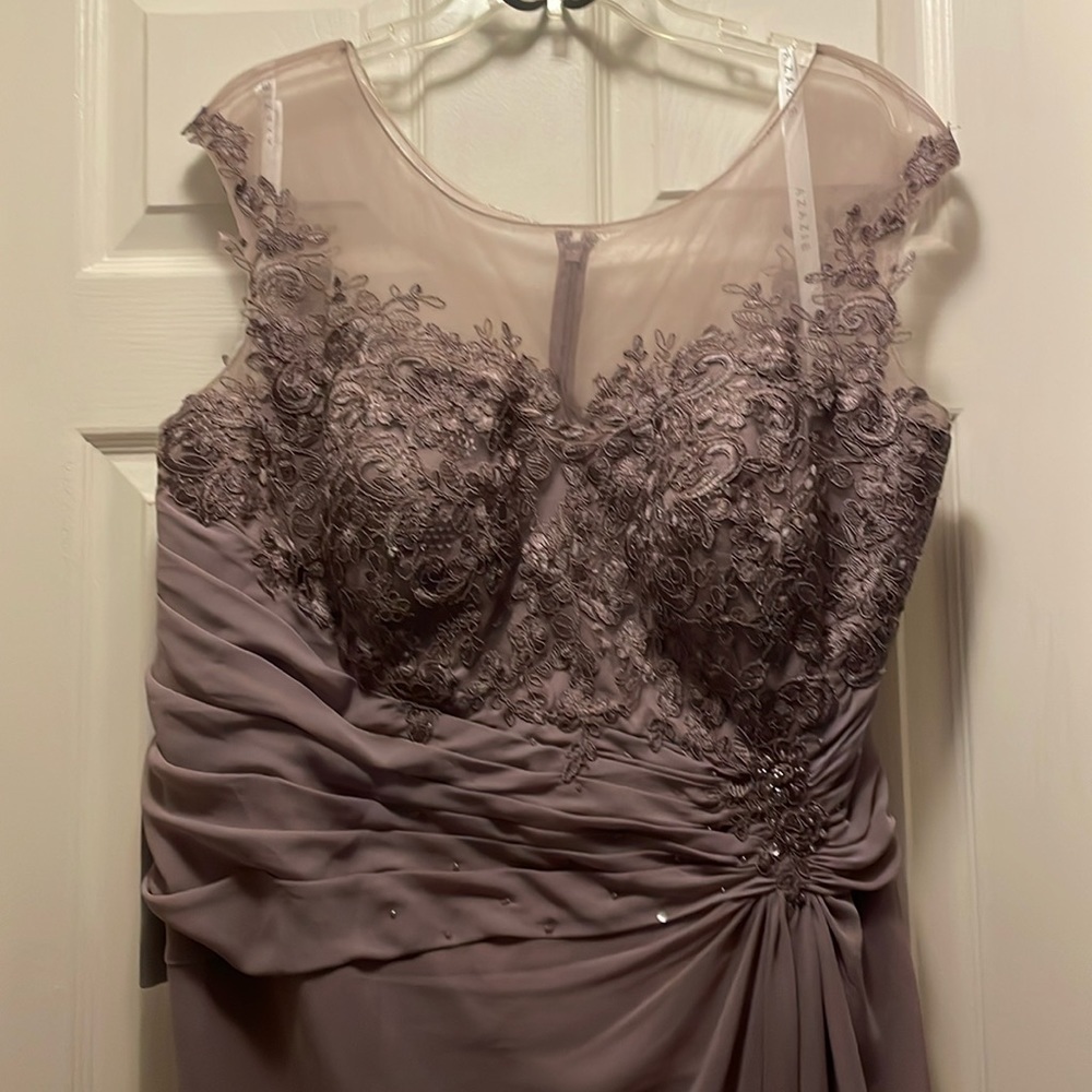 Azazie dress color is dusk(pic#1) lace bust gathered waist high/low hem lined - Picture 6 of 16